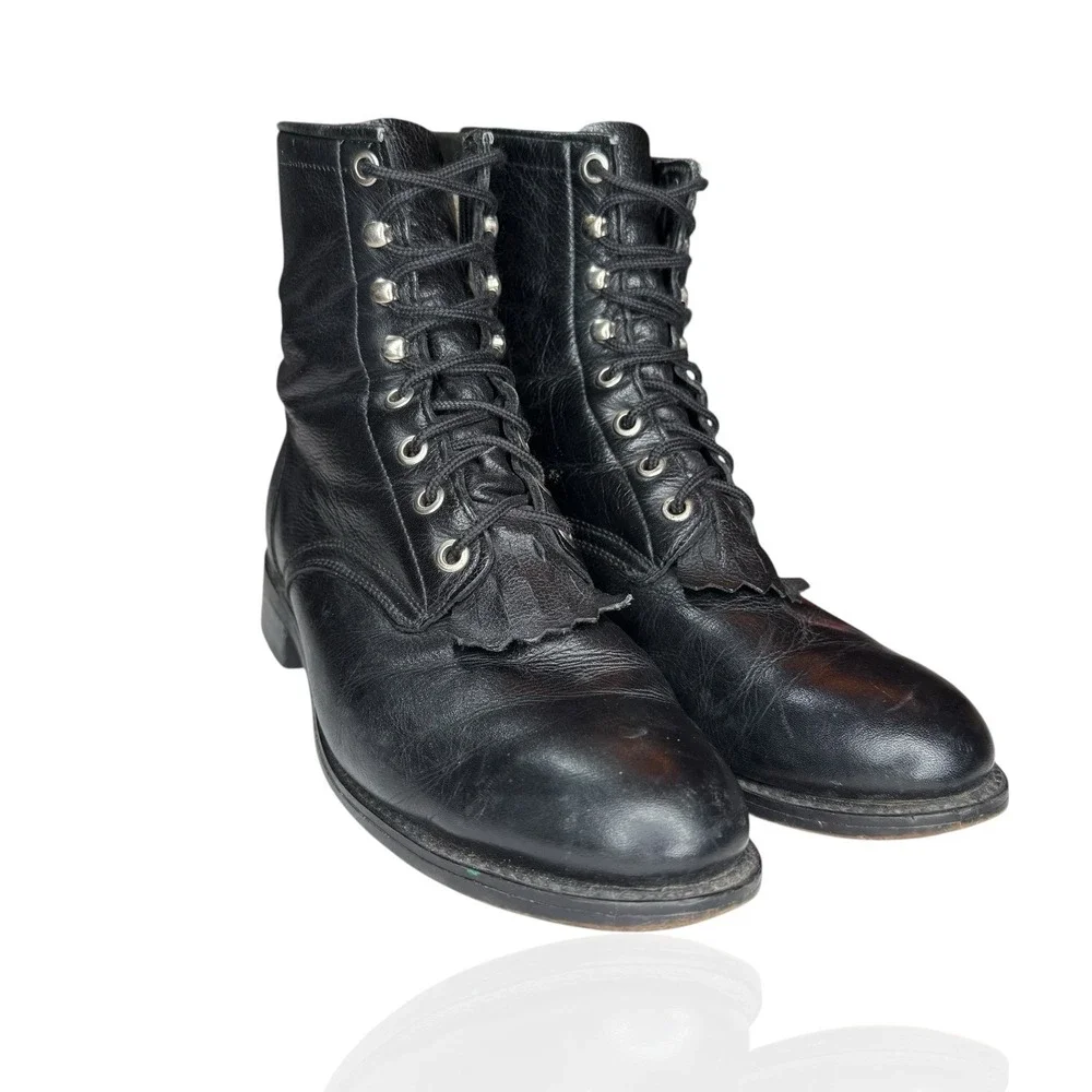 Vintage Justin‎ Black Leather Roper Boots Mens 5D Lace-Up Western Logger